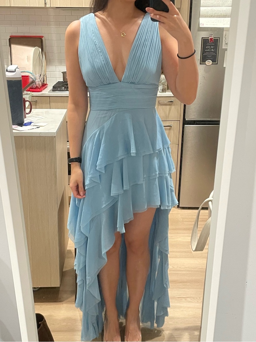 Alice + Olivia Sky Blue High-Low Ruffled V-Neck Dress (originally $750)